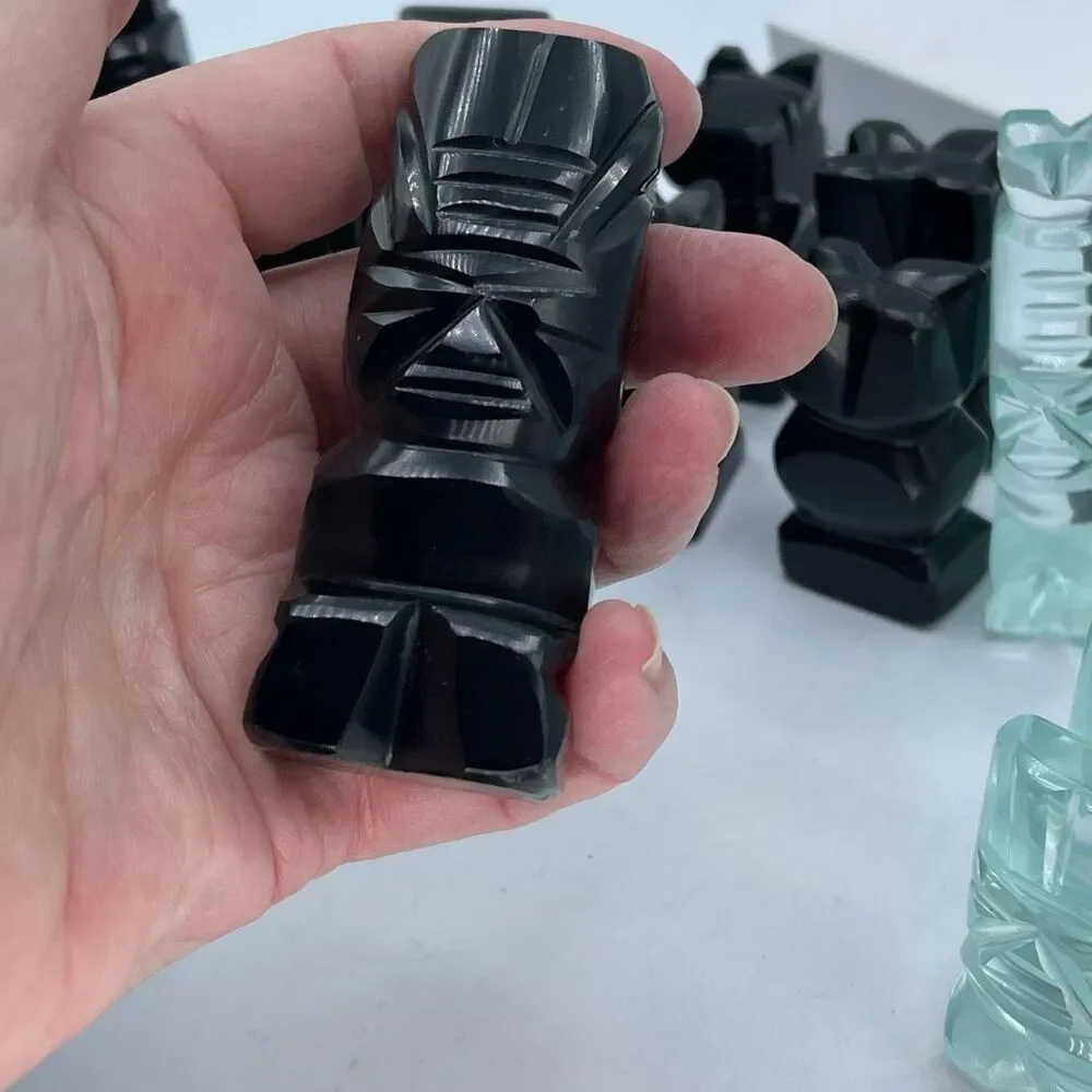 Aztec style chess pieces black obsidian green glass or onyx.